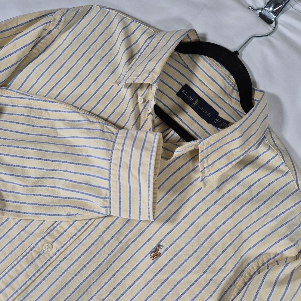 Ralph Lauren Yellow Blue Striped Button Down Shirt Men's XL Classic Fit...